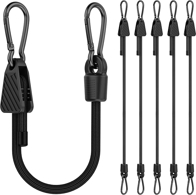 Adjustable Bungee Cords with Hooks, 6 Pack Heavy Duty Outdoor Carabiner Bungee Cord, Black Super Elastic Bungee Straps Easily Adjust from 7" to 12", Great for Cargo, Camping, Bike Racks, Tents