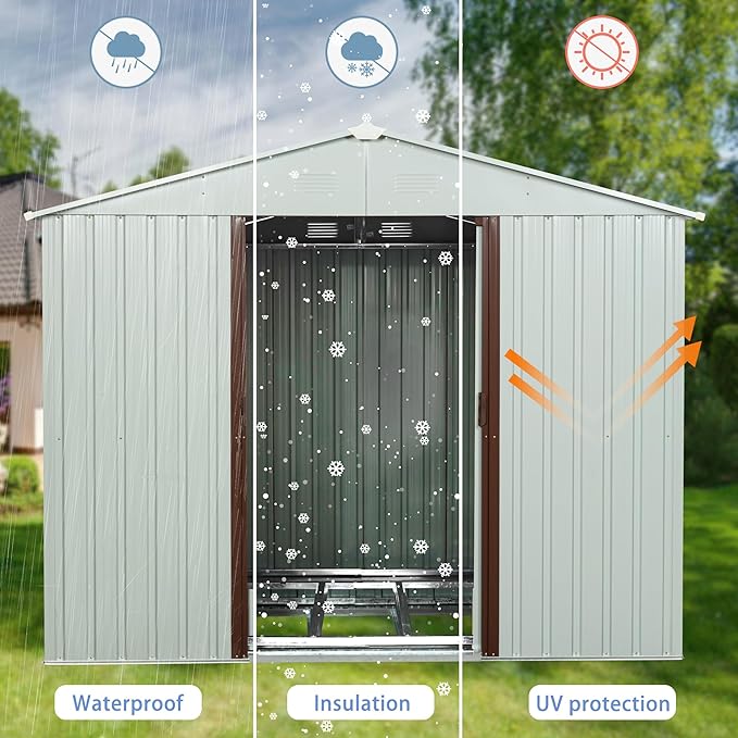 6x5 FT Outdoor Storage Shed, Metal Garden Shed with Frame Floor, Outside Tool Shed with Window, Waterproof Storage Building with Lockable Sliding Doors & Sloped Roof for Backyard, Patio, White