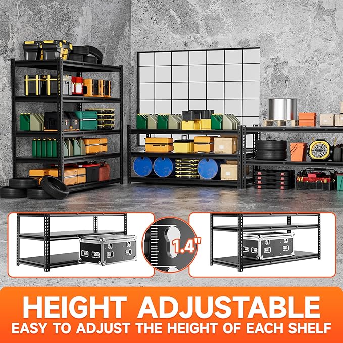 5 Tier 60”D X 24”W X 78”H Garage Shelves Heavy Duty 3000LBS Adjustable Metal Storage Shelves for Garages Shops and Basements (Black)