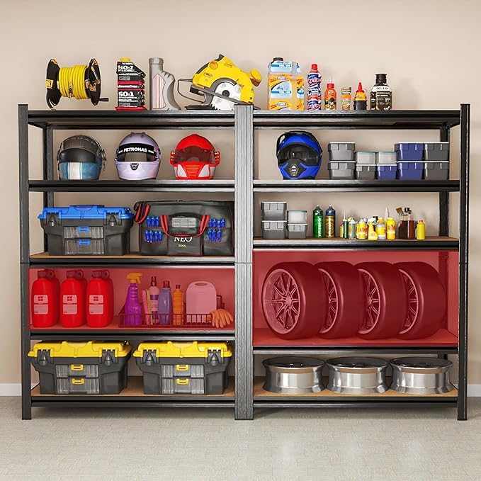 Garage Shelving Unit, 2550Lbs Heavy Duty 5-Tier Metal & Wood Adjustable Storage Rack, Black, 72”H x 35.4”W x 15.8”D, for Garage, Basement, Warehouse, Utility Storage