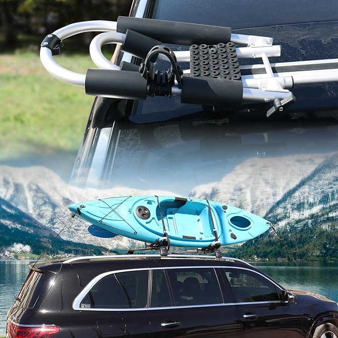 FORWODE Kayak Roof Rack, 2 in 1 Aluminum 1 Pair J-Bar Roof Rack, Folding Adjustable Rack, Weight 80 LBS Heavy Duty Kayak Roof Carrier 1 Kayak, Canoe, SUV, Surfboard on SUV, Car and Truck Crossbar