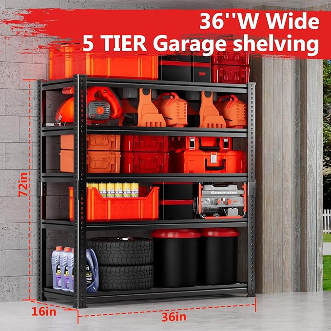 Storage Shelves 2PCS, Garage Shelving Heavy Duty 2400LBS Capacity, 36"L x 16"W x 72"H Adjustable Metal Shelving Organizer Wire Rack, 5 Tier Utility Shelf Unit for Pantry Closet Warehouse Organization