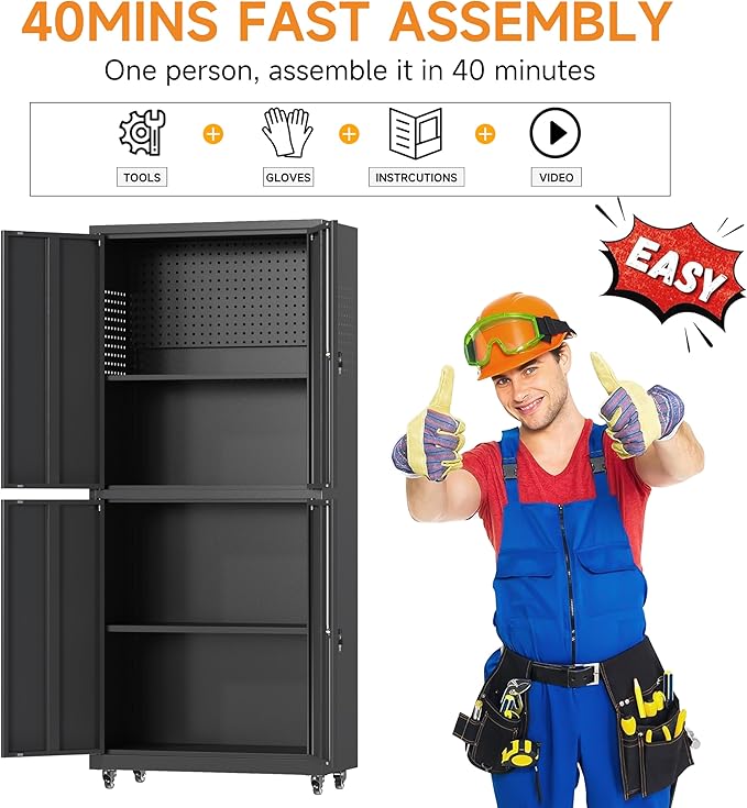 71" H Metal Tool Storage Cabinet with Lock and Wheels, Heavy Duty Garage Cabinet with 4 Doors and 2 Adjustable Shelves, Tool Organizer with Pegboard for Garage, Warehouse(Black, 71" H)