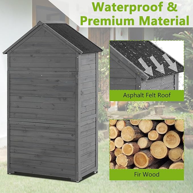 39.56"x 22.04"x 68.89" Outdoor Storage Cabinet with Removable Shelves, Waterproof Roof, and Adjustable Feet - Fir Wood Garden Tool Shed for Yard, Patio, Deck, and Garage,Grey