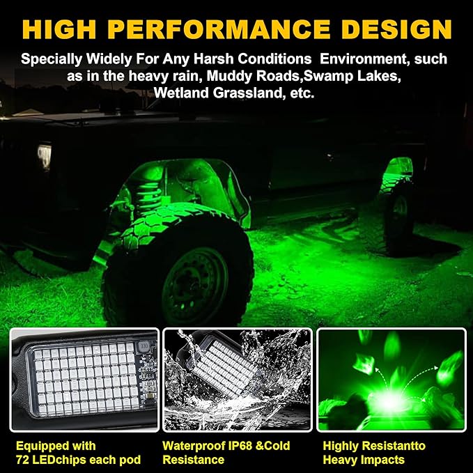 Nicoko 4Pods Pure Green LED Rock Lights 72w high Power Rock Lights Neon Underglow Light for Car Trucks ATV UTV SUV Boat Underbody Glow Trail Rig Light IP68 Waterproof