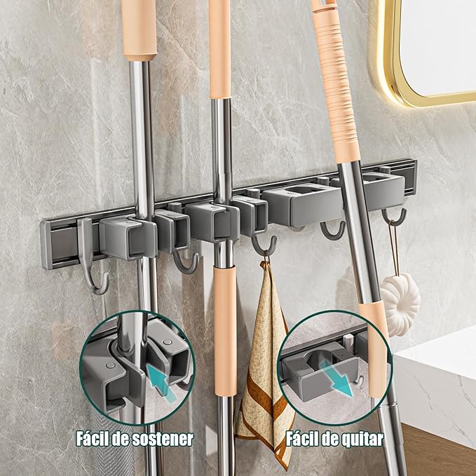 Broom Holder Wall Mount Movable Hooks and Clips Mop and Broom Hanger Wall Mounted Aluminum Garage Tool Organizer Storage adhesive (40cm, Grey)
