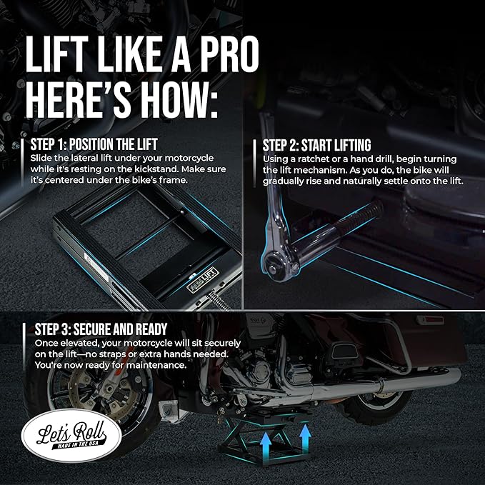 Let's Roll Standard Motorcycle Lift Jack - 1200 LB Heavy Duty Scissor Jack Stands, Scissor Lift Jacks, Motorcycle Accessories, Stable Garage Lifts with Mobility for Maintenance - Made in The USA