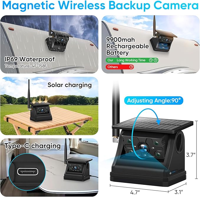 Solar Wireless Magnetic Backup Camera, 9900mAh Battery Powered Rechargeable IP69 Waterproof HD Back Up Rear View Remote Control Camera with 7 Inch 1080P Monitor System for Car Truck Trailer RV VN003