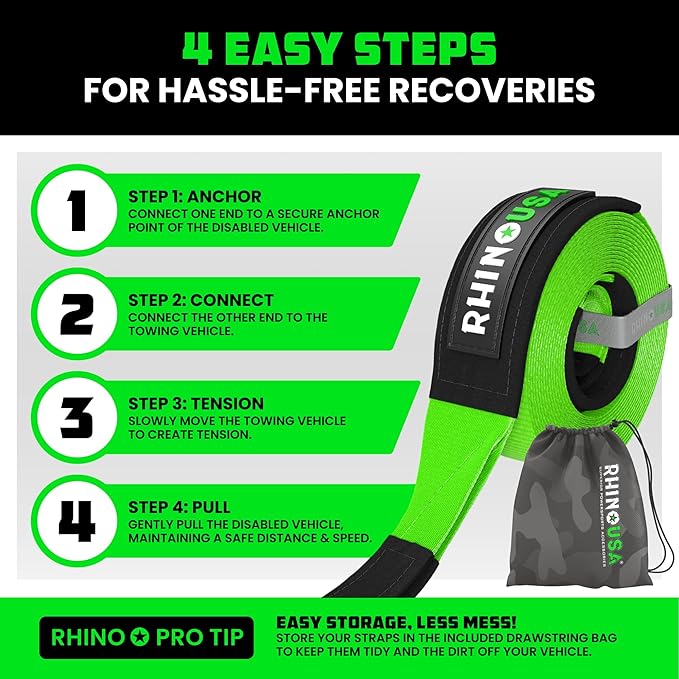 Rhino USA Recovery Tow Strap (3" x 30') - 31,518lb Break Strength - Emergency Recovery Strap Tow Rope for Truck, UTV, ATV & More - Heavy Duty Towing Strap for Offroad 4x4 Use - Compatible with Jeep