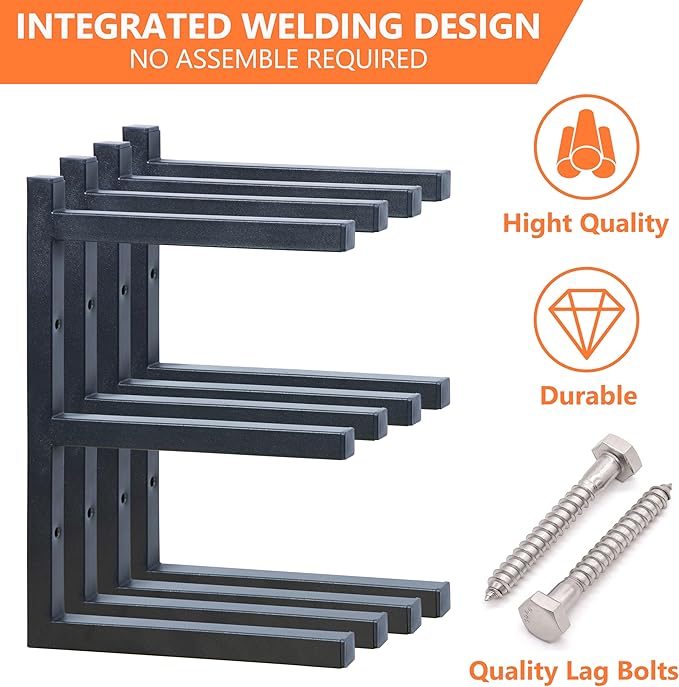 Wood Storage Racks with 3 Level, Garage Organizer Lumber Storage Rack Wall Mounted, Workshop Organizers Wood Wall Shelving, Lumber Metal Racks for Garage, Basement, Indoor and Outdoor (Black-4 Pack)