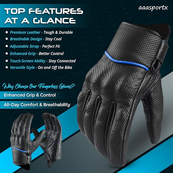 aasportx Motorcycle Gloves - Men's Leather Motorbike Gloves with Touchscreen Function - Non-Slip Pads for Men & Women
