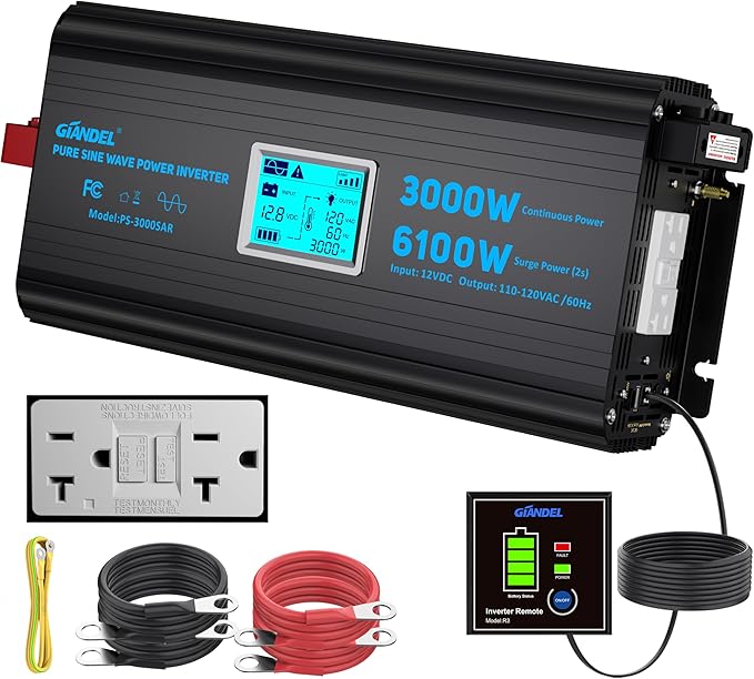 3000 Watt Power Inverter Pure Sine Wave with 6100Watt Surge for 2S 12V DC to 120V AC Converter,UL Listed GFCI outlets, Lithium Battery Compatible for RVs,Off-Grid Solar Power Inverter by GIANDEL