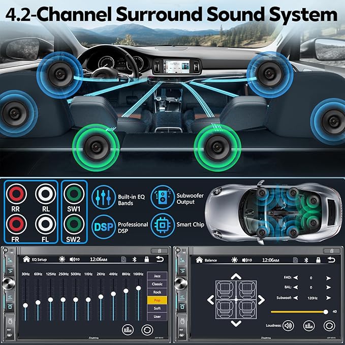QLED Double Din Car Stereo with Dash Cam & Backup Camera, Wireless Apple CarPlay & Android Auto, Bluetooth, 4.2-Ch 2 Subwoofers Outputs, 7" QLED Touchscreen, MirrorLink, FM/AM Radio