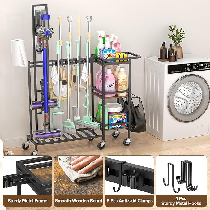 Cleaning Utility Cart on Wheels, Multifunctional Cleaning Tools Supplies Organizer with Broom and Mop Holder, Vacuum Stand Compatible with Dyson, Rolling Storage Caddy Cart for Home