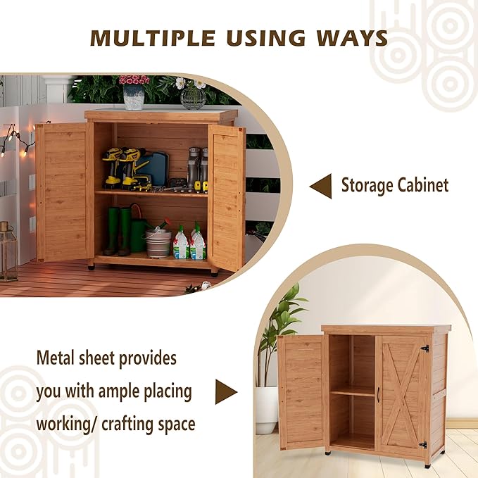 Outdoor Storage Shed Waterproof, Potting Shed with Storage Cabinet and Metal Table Top for Backyard Garden Patio, Outdoor Work Station Table, Light Brown