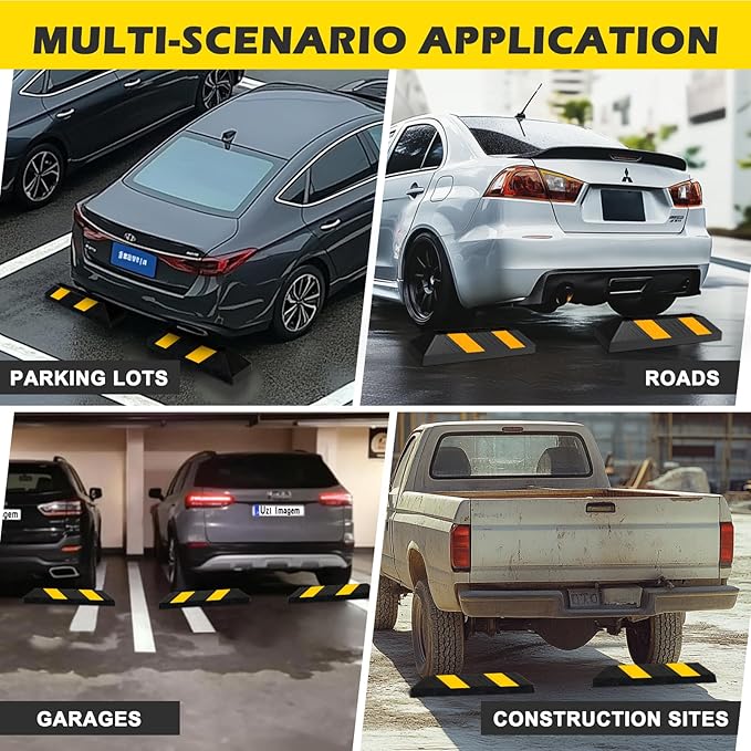 20" Rubber Parking Curb Stop, Car Stopper for Garage Parking, Heavy Duty Parking Wheel Stops for Car, Garage Bumpers with Reflective Yellow Tape for Parking Car (4 Pack)