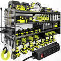 Large Power Tool Organizer Wall Mount with Charging Station,4 Layer Heavy Duty Metal Tool Storage Rack Loads 600lbs with 8 Cordless Drill Holder,Battery Utility Rack Loads with 4 Power Strip