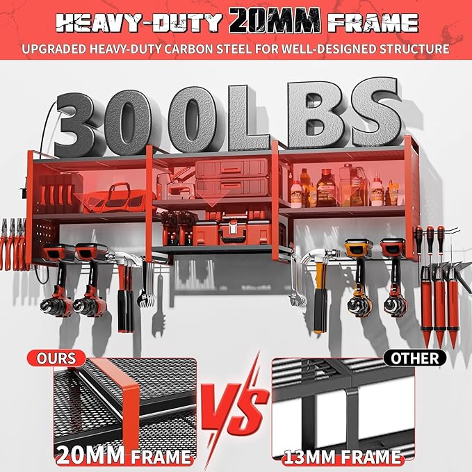 Power Tool Organizer with Charging Station Wall Mount, 3 Layer Expanded Heavy Duty Garage Organization, 48.8 Inch Length Garage Tool Storage, 4 Drill Slot, 16" Standard Hole, Red