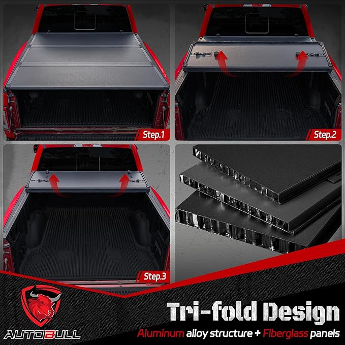 Hard Top Tri Fold tonneau Cover Compatible with 2007-2021 Toyota Tundra(Excl. Trail Edition) 6.5ft Bed (78.7"), Alloy Steel and Fiberglass Made