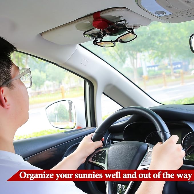KIWEN Sunglasses Holder for Car Visor, Magnetic Leather Sunglass Eyeglass Hanger Clip for Car Sun Visor Accessories (1, Red)