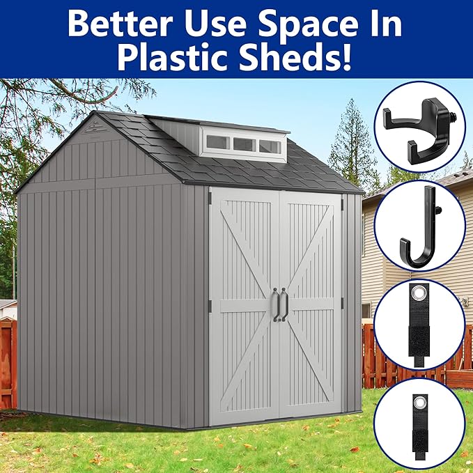 12 Pcs Storage Shed Tool Hooks with Extension Straps,ABS Shed Tool Hangers Include U-Shape and J-Shape,Storage Shed Shelves Accessories for Organizing Tool, Ladders, Bulk Items