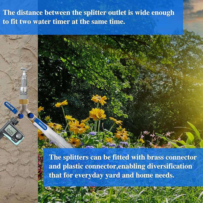 Brass Garden Hose Splitter, Garden Hose Splitter 2 Way Heavy Duty, With 2 304 Stainless Steel Extension Handles, 2-Way Y-Valve 3/4” GHT Threads (Increase Flow Style)