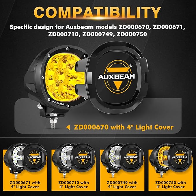 Auxbeam P4 Series Round Protective Light Covers, 4 Inch Black Offroad LED Pods Lens Cap, Dust Impact Shield & Street Compliant, Snap-On Design, 2 Packs