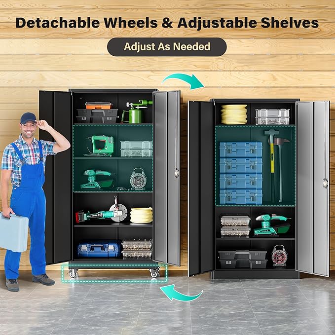 SISESOL Metal Storage Cabinet with Wheels,75 inch Tall Rolling Garage Storage Cabinet with Lock,Black Metal Cabinets with Wheels and Shelves,Deep Heavy Duty Tool Locker for Garage,Home,Office,Shop
