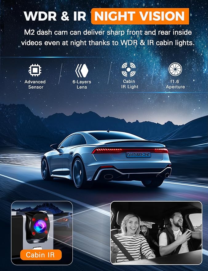 3 Channel WiFi Dash Cam Front and Rear Inside with 64GB SD Card, 2.5K+1080P+1080P Car Dash Camera for Cars Front and Rear, Dashcam with G-Sensor, Loop Recording, 24H Parking Mode, Support 512GB