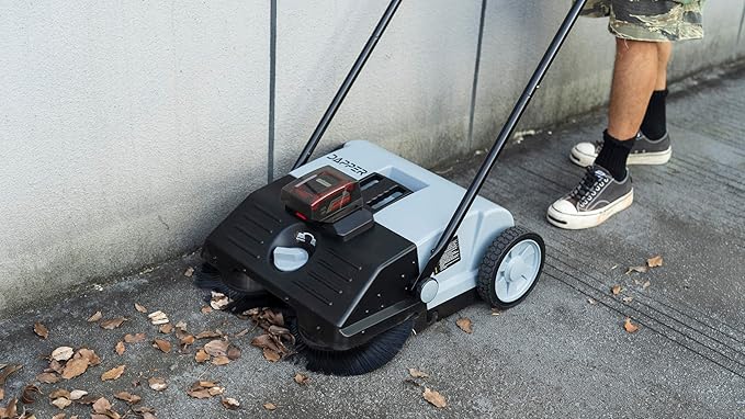 Battery Powered Artificial Grass & Hard Surface Sweeper, 22" Wide Cleaning Path, 6.5-Gal Bin, Adjustable Height, 4h Battery, Foldable, for Artificial Grass, Sidewalks, Driveways, Workshops, Garages