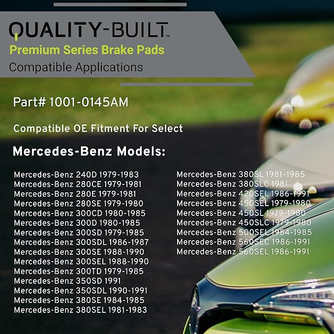 Premium Semi-Metallic Front Brake Pads (1001-0145AM) Compatible with 1979-1991 Mercedes-Benz (240D/280CE/280E/280SE/300CD/300D/300SD/300SDL/300SE/300SEL/300TD/350SD/350SDL/380SE/380SEL)