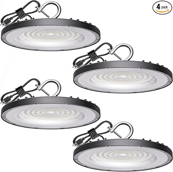 Led High Bay Light 100W, 14000lm 5000K UFO Bay Lighting with US Plug 5' Cable, 120V, IP65 Waterproof Commercial Lights Fixture for Workshop Factory Barn Garage, 4 Pack