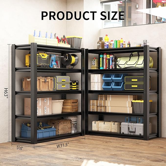 63" H Heavy Duty Garage Shelving 3000LBS Storage Shelves Adjustable 5 Tier Metal Shelving Unit, Industrial Utility Rack for Garage, Workshop, Basement, Home Office 63" H*31.5W*16D