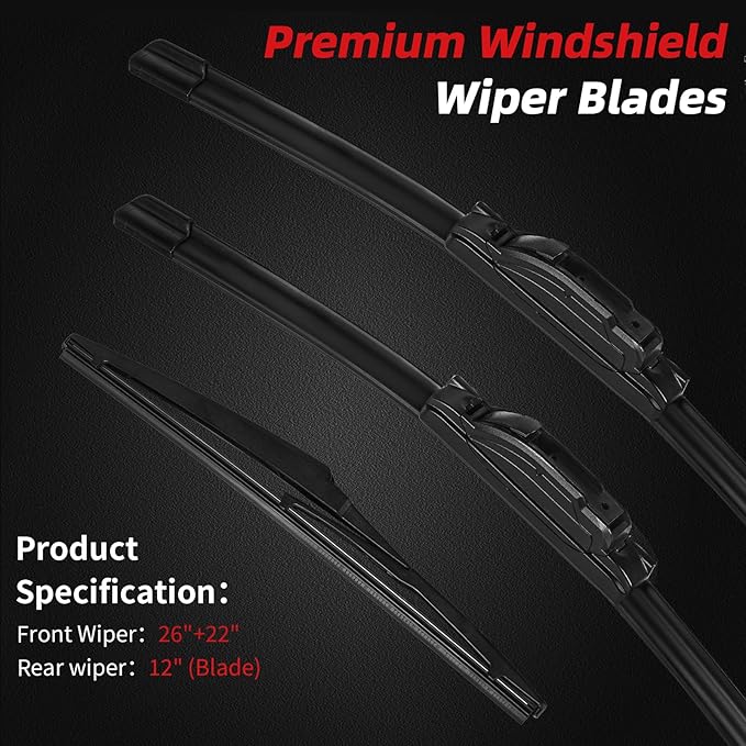 OTUAYAUTO Premium Windshield Wiper Blades - Replacement for Toyota Venza 2009-2016 - Precision Fit, All-Weather Performance, Front and Rear Wiper Blades, J/U Hook - 26"+22"+12" (Pack of 3)
