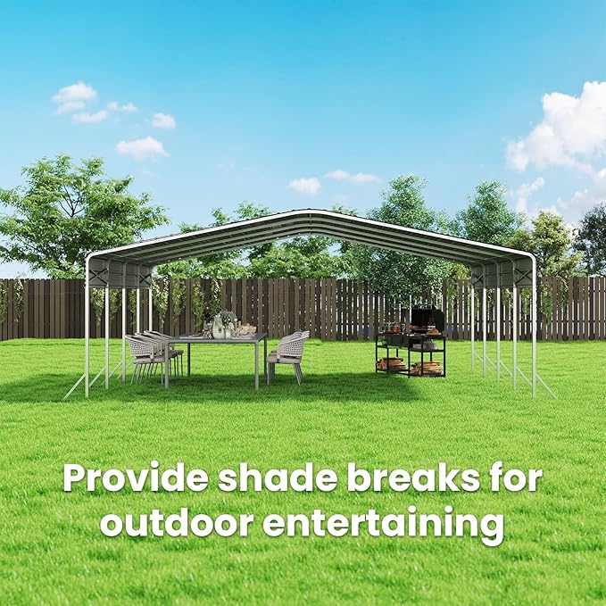 20x20ft Heavy Duty Metal Carport – Outdoor Galvanized Garage, Sturdy Structure, All-Weather Protection, Easy Assembly for Cars, Trucks, Boats, Tractors, and Outdoor Storage (White, 20x20FT)