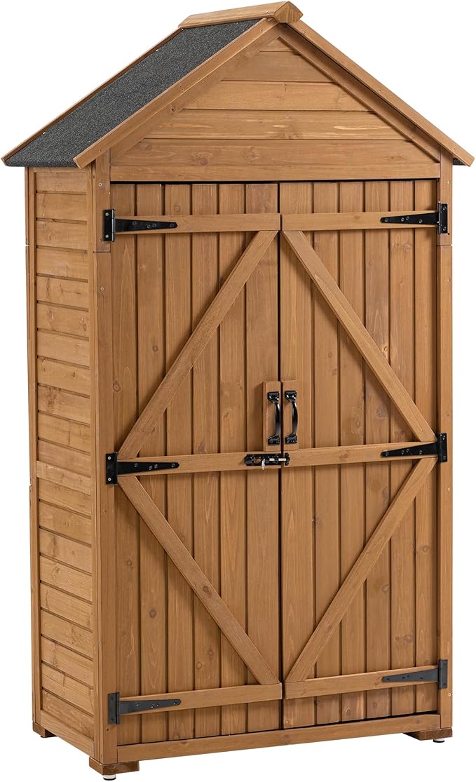 39.56"x 22.04"x 68.89" Outdoor Storage Cabinet with Removable Shelves, Waterproof Roof, and Adjustable Feet - Fir Wood Garden Tool Shed for Yard, Patio, Deck, and Garage,Yellow Brown