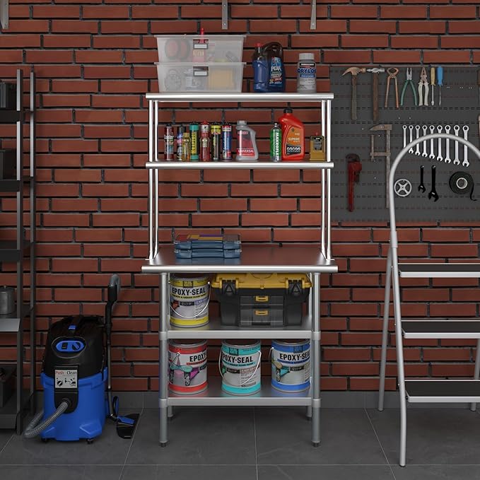 Amgood Stainless Steel Work Table with 2 Shelves | Metal Kitchen Prep Table & Shelving Combo (18" x 36" Table with 2 Shelves + 12" Overshelf)