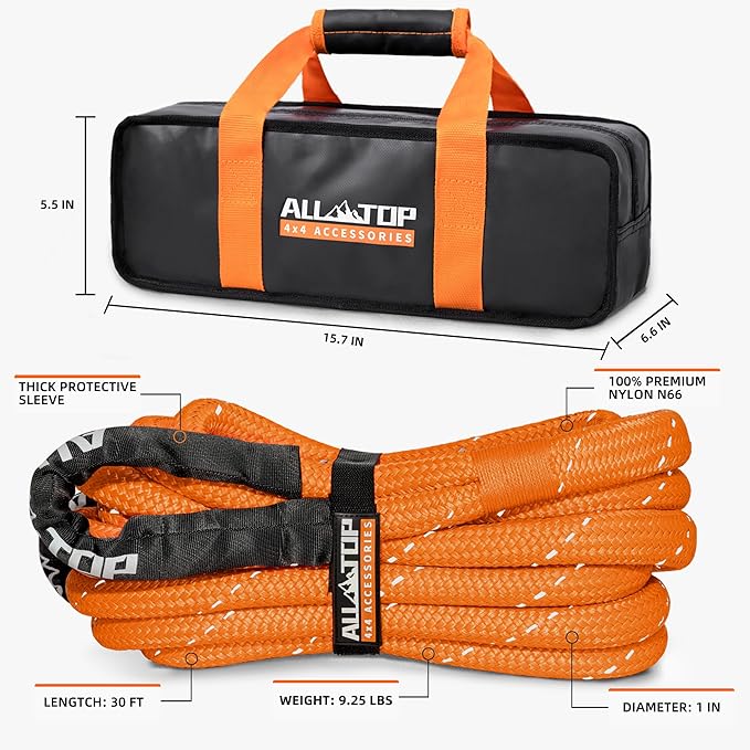 ALL-TOP Kinetic Recovery Rope (Reflective) 48000Lbs, 1in x 30ft, Heavy Duty 30+% Elasticity, 16000Lbs Work Load Limit for 4x4 Offroad