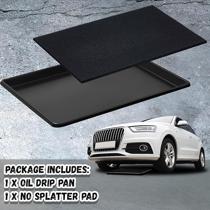 Uiifan 1 Set 27'' x 20''x 1.4'' Oil Drain Drip Pan for Car with Square No Splatter Pad Oil Drip Tray with Mat for Under Car Transmission Garage Automotive Driveway to Keep Floor Clean, Black