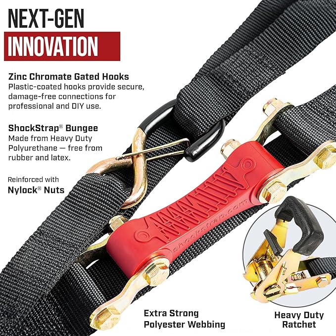 Ratchet Strap, 10' x 1" Shock Absorbing Heavy Duty Tie Downs for Cargo, 500 LB WLL / 1,500 LB Break Strength, 2-Pack