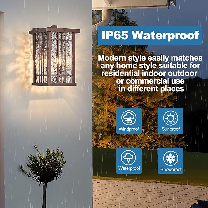 2-Light Outdoor Wall Light E26 Base Metal Frame - Brown Exterior Waterproof Lanterns with Clear Glass,Porch Wall Mount Lighting for Garage, Patio(Bulb not Included)