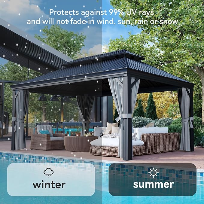 Aoxun 12' X 16' Permanent Hardtop Gazebo Aluminum Gazebo with Galvanized Steel Double Roof for Patio Lawn and Garden, Curtains and Netting Included, Grey