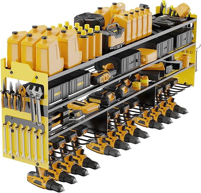 Power Tool Organizer Wall Mount with 12-Drill Holders-800Lbs Load Heavy Duty Metal 4-Layers Garage Storage and Organization with Side-Plates Adjustable Battery Tools Rack Utility Racks Gifts for Men