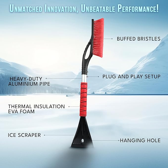 EcoNour 27" Aluminum Car Snow Scraper and Brush (Red) | Scratch-Free Weaved Bristle Head with Metal Body Ice Scraper for Car Windshield | Tough Ice Scraper with Ergonomic Foam Grip for Cars | 1 Pack