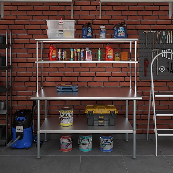 Amgood Stainless Steel Work Table Double Tier Overshelf | Metal Kitchen Prep Table & Shelving Combo (30" x 60" Work Table + 18" Overshelf)