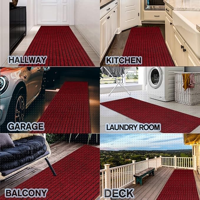 Custom Size Backed Non-Slip Area Rugs Runner, Easy Clean, Waterproof Runner Rugs for Hallway Entryway, Kitchen, Laundry, 2FT x 46FT, Red Stripe