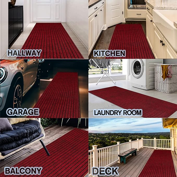 Custom Size Backed Non-Slip Area Rugs Runner, Easy Clean, Waterproof Runner Rugs for Hallway Entryway, Kitchen, Laundry, 3FT x 28FT, Red Stripe
