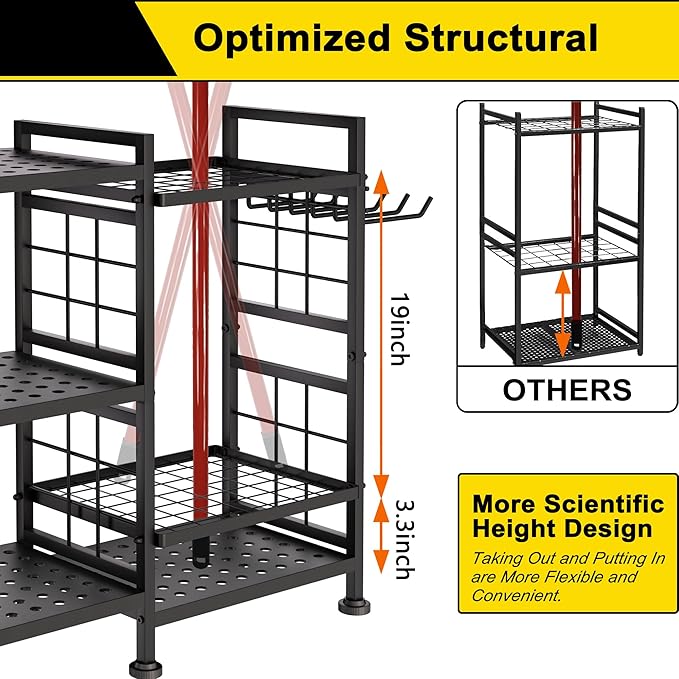GIOTORENT 6 Tier Garden Tool Organizer, Garage Storage and Organization, Metal Yard Tools Storage Rack, Heavy Duty Garden Tool Organizer for Garage, Yard, Patio, Shed, Indoors and Outdoors, Black