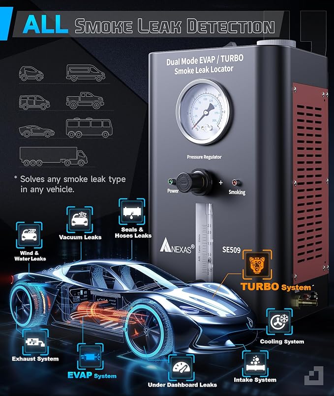NEXAS SE509 Smoke Machine Automotive with Built-in 2 Air Pump, Pressure Regulator, Dual Mode EVAP Turbo Automotive Smoke Leak Detector, Smoke Tester Tools Kit for Vacuum, Fuel and More Leak Testing