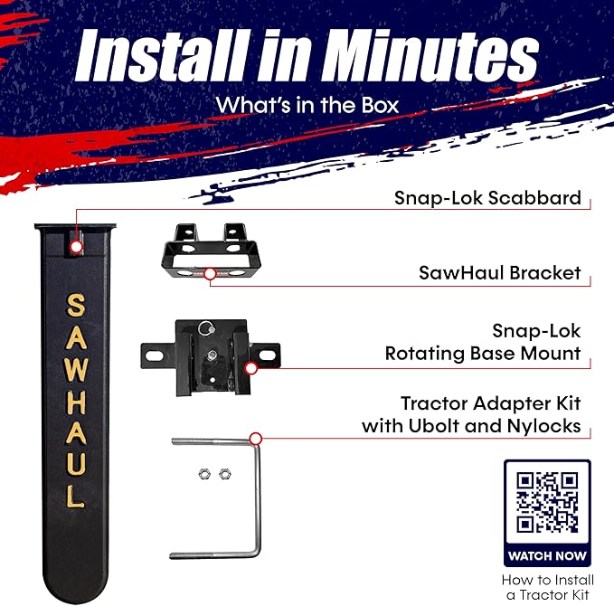 SawHaul Snap-Lok Universal Chainsaw Carrier Kit for Tractors and Skid Steers – 28 Inch Yellow Scabbard with Rotating Mount – Compatible with All Chainsaw Brands – Made in USA